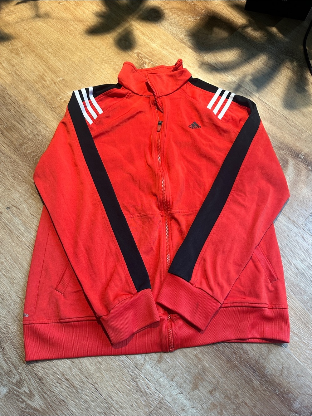 Vintage Adidas Red Track Jacket with Black Sleeve Panels and White Stripes